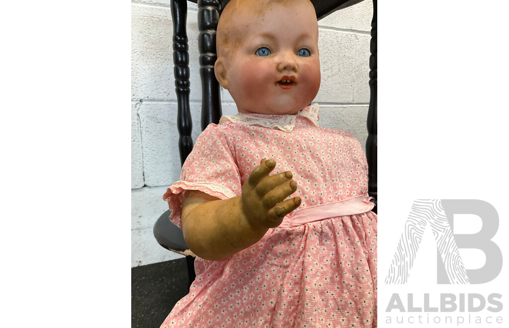 Two Vintage Bisque Dolls and Table Tier 3 Levels Table - Lot of 3