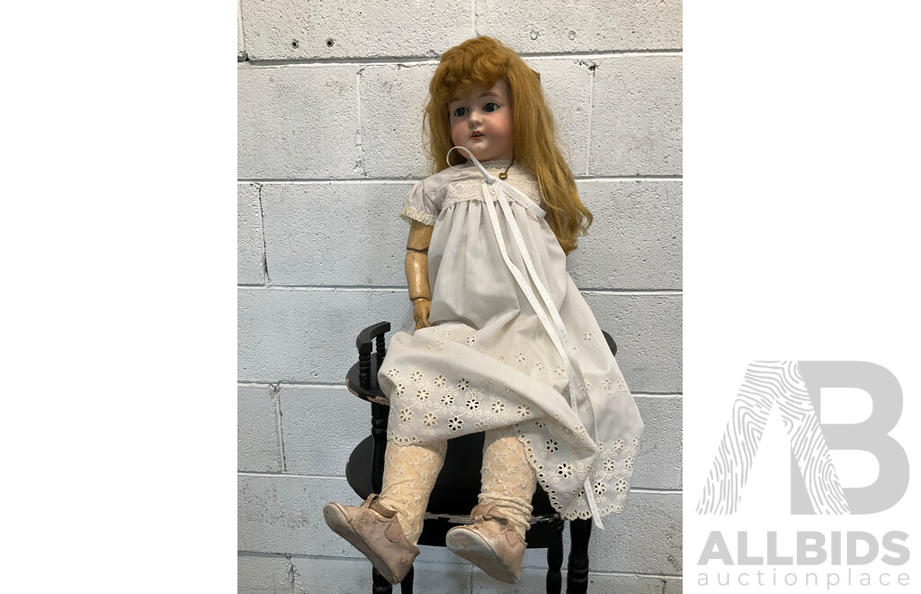 Two Vintage Bisque Dolls and Table Tier 3 Levels Table - Lot of 3