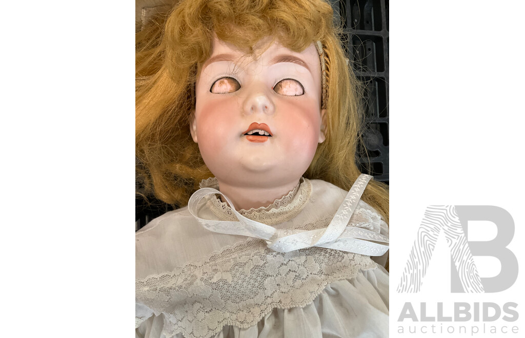 Two Vintage Bisque Dolls and Table Tier 3 Levels Table - Lot of 3