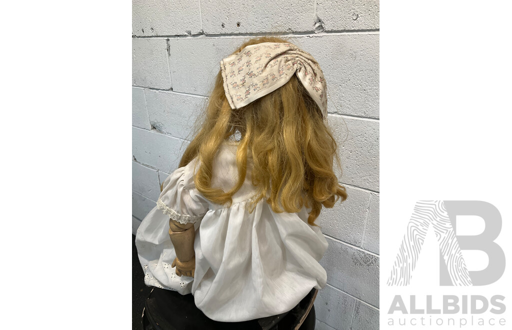 Two Vintage Bisque Dolls and Table Tier 3 Levels Table - Lot of 3