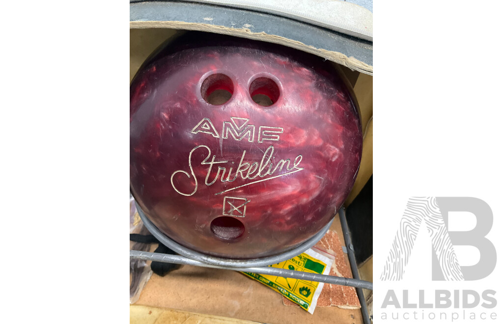 Vintage Bowling AMF Strikeline Ball with Carry Bat, Shoes, Certificates and Pins