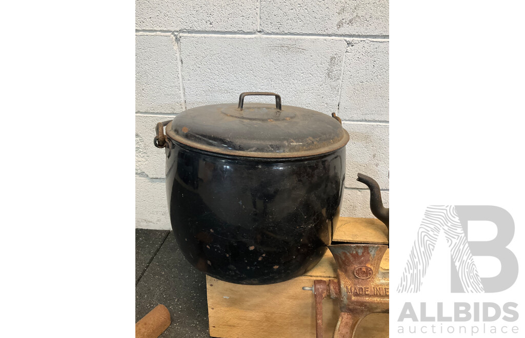 Assorted Vintage Items - Decor, Including Cast Iron Shoe Anvil, Spong Meat Grinder, Rega Sprayers, Cooking Pot and Kettle - Lot of 7