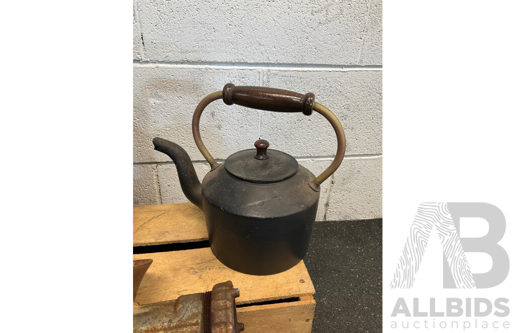 Assorted Vintage Items - Decor, Including Cast Iron Shoe Anvil, Spong Meat Grinder, Rega Sprayers, Cooking Pot and Kettle - Lot of 7