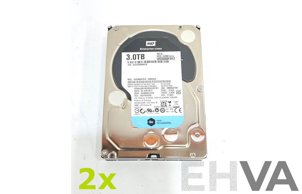 Western Digital (WD3000F9YZ) 3TB SATA 7.2K 3.5-Inch Hard Drive - Lot of Two