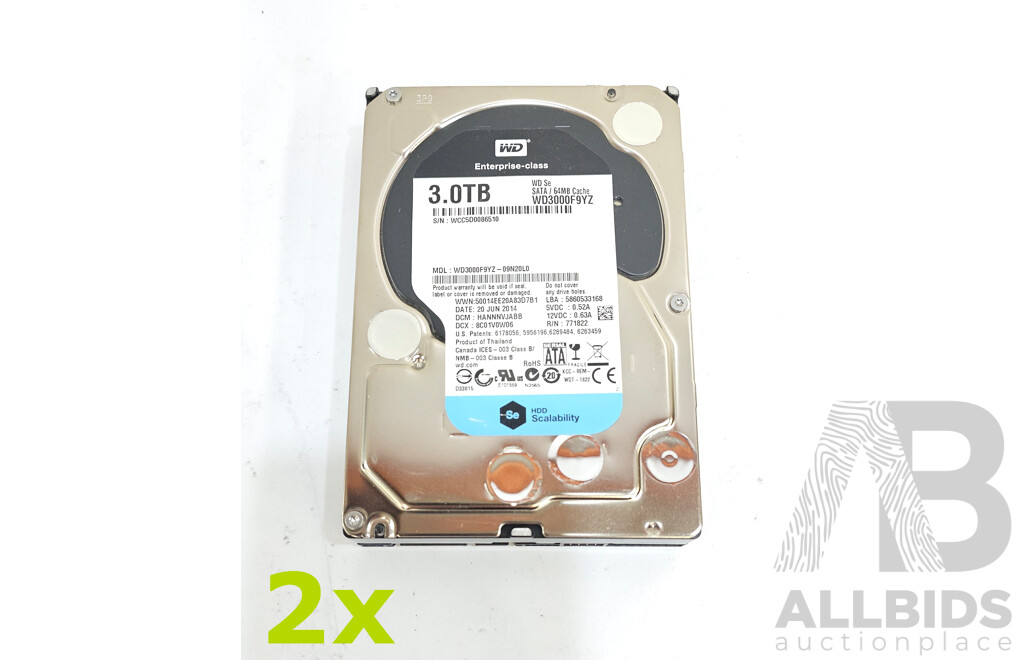 Western Digital (WD3000F9YZ) 3TB SATA 7.2K 3.5-Inch Hard Drive - Lot of Two