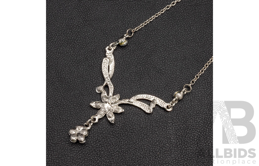 Silver Plated Base Metal Necklace with Synthetic White Stones