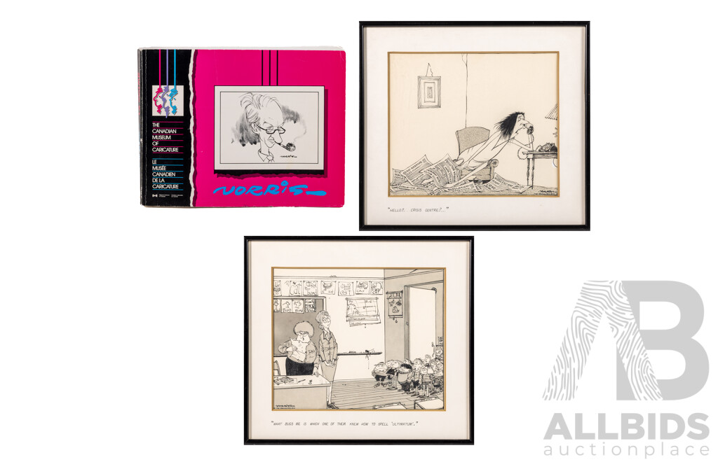 Len Norris, (20th Century, Canadian, 1913-1997), What Bugs Me... & Hello? Crisis Centre?, Pair Nicely Framed Original Vancouver Sun Cartoon Prints, with Canadian Musuem of Caricature Book (1990), 33 x 36 cm (frames) (3)