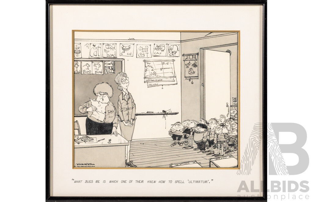 Len Norris, (20th Century, Canadian, 1913-1997), What Bugs Me... & Hello? Crisis Centre?, Pair Nicely Framed Original Vancouver Sun Cartoon Prints, with Canadian Musuem of Caricature Book (1990), 33 x 36 cm (frames) (3)
