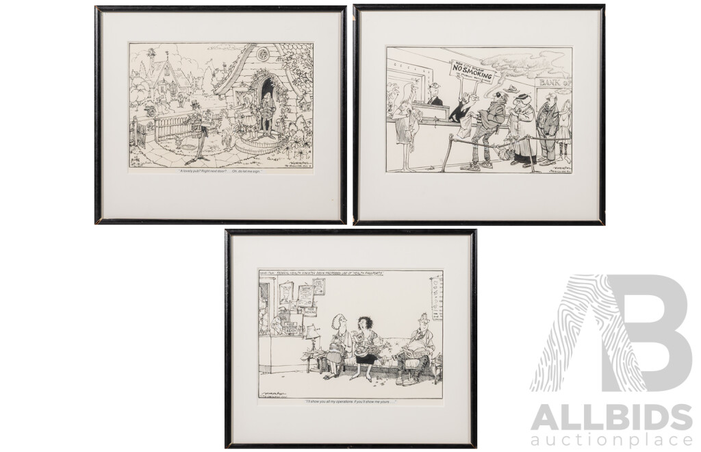 Len Norris, (20th Century, Canadian, 1913-1997), No Smoking..., I'll Show You... & a Lovely Pub?, Trio of Framed Original Vancouver Sun Cartoon Prints, 35 x 40 cm (frames) (3)