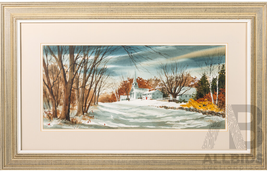 Denise Patchell Olsen, (20th Century, American, 1938-2005), Snowy Village Church, Lovely Original Watercolour, 52 x 82 cm (frame)