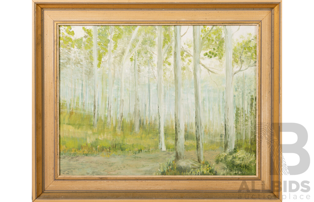 Viola Allen (20th Century, American, 1906-1997), Forest Path (1976), Lovely Original Oil on Masonite, 48.5 x 60 cm (frame)