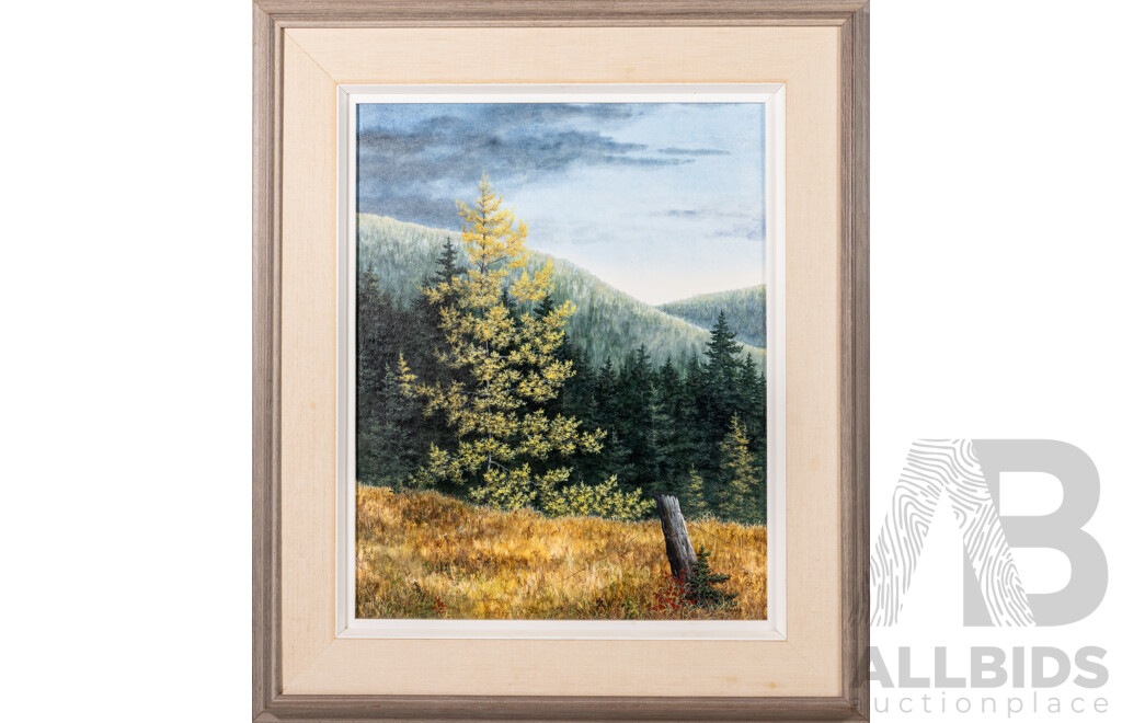 Gertrude Ward, (20th Century, Canadian, 1936-), Autumn Tamaracks (1982), Wonderful Original Acrylic on Masonite, 71 x 61 cm (frame)