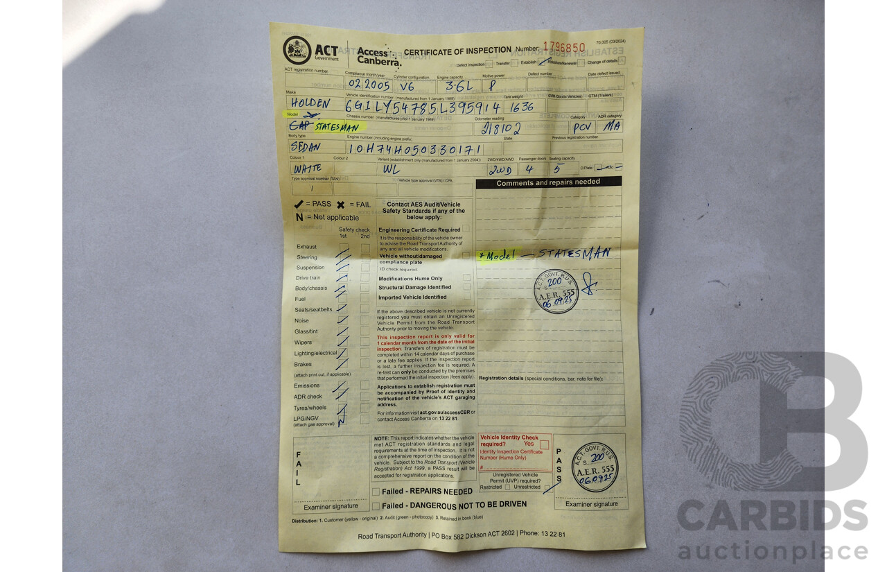 2/2005 Holden Statesman V6 WL 4d Sedan White 3.6L