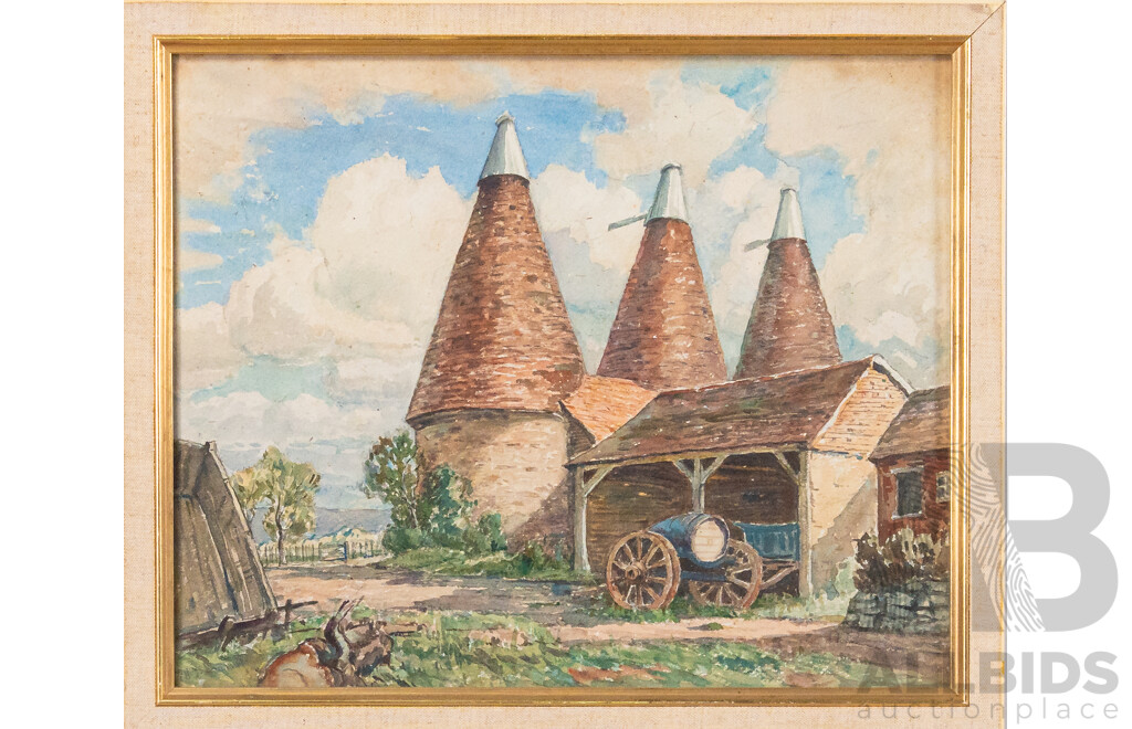 Henry Samuel Merritt, (19/20th Centuries, British, 1884-1963), Farmyard & Oast Houses & The Weald, Pair of Original Vintage Watercolours, 35.5 x 41 cm (frame largest) (2)