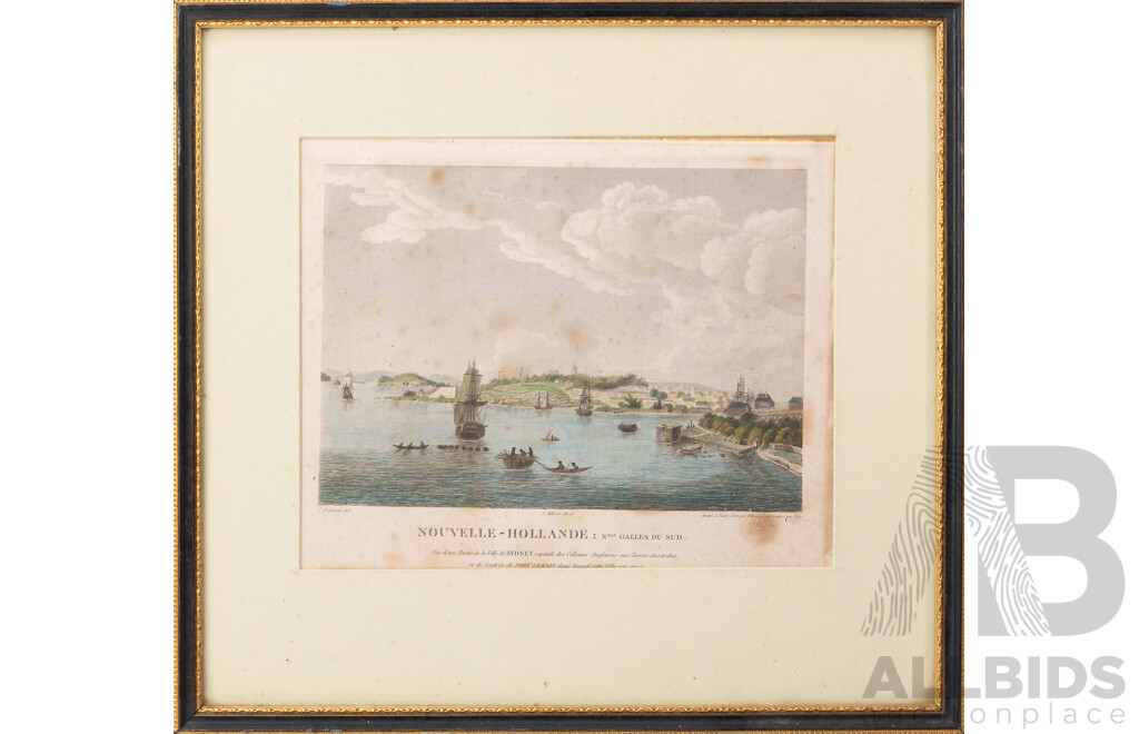 Charles Lesueur, (1778-1846), Nouvelle-Hollande-Vue D'Une Partie De La Ville De Sydney, Antique Hand Coloured Engraving, 32 x 34 cm (frame)