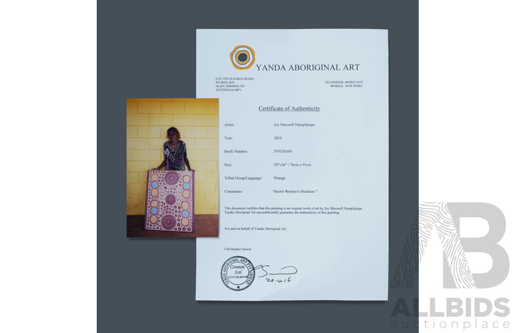 NAMPIJINPA, Joy Maxwell (Aboriginal b.1960) 'Secret Women's Business,' 2016. Acrylic on Linen 