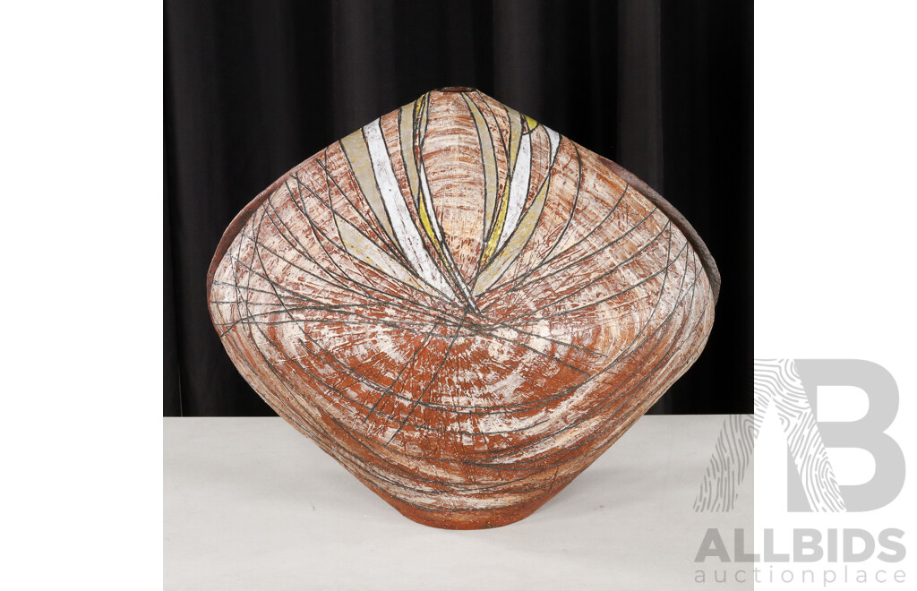 Terracotta Ovoid Sculpture Painted and Incised Modernist Decoration, C.1960s and Possibly Italian