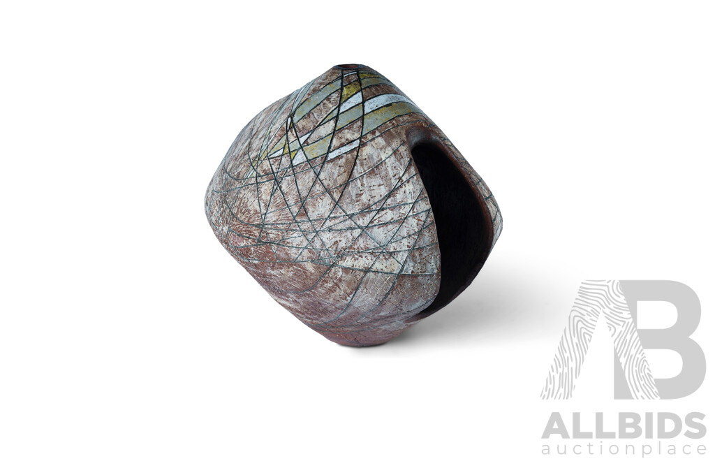 Terracotta Ovoid Sculpture Painted and Incised Modernist Decoration, C.1960s and Possibly Italian