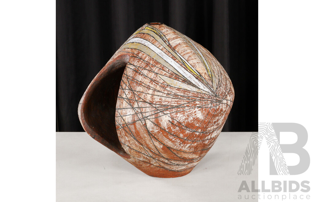 Terracotta Ovoid Sculpture Painted and Incised Modernist Decoration, C.1960s and Possibly Italian