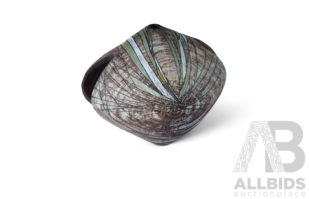 Terracotta Ovoid Sculpture Painted and Incised Modernist Decoration, C.1960s and Possibly Italian