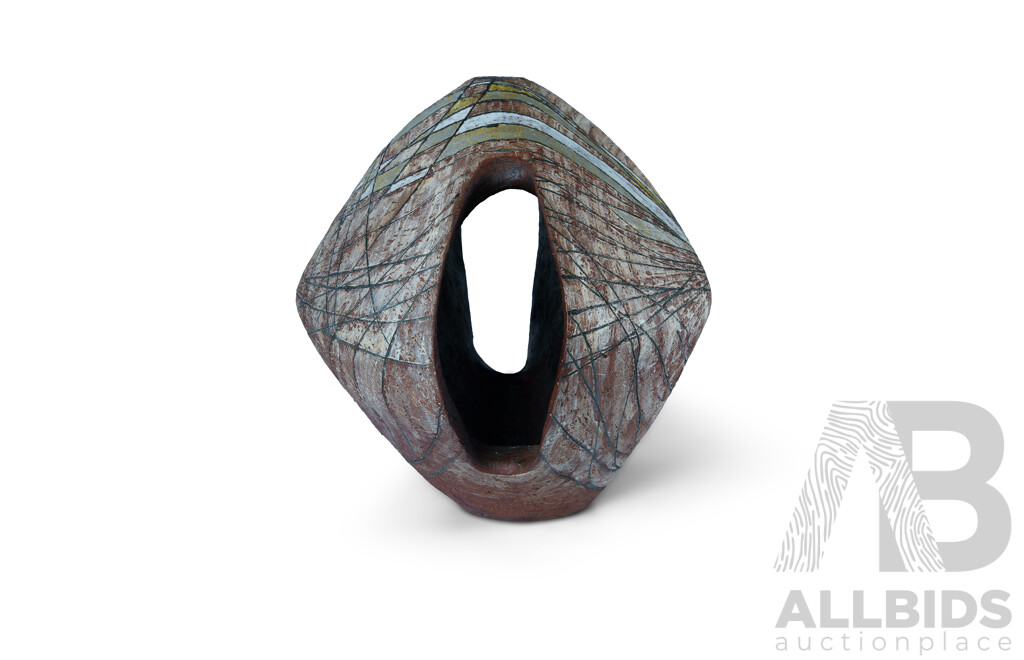 Terracotta Ovoid Sculpture Painted and Incised Modernist Decoration, C.1960s and Possibly Italian