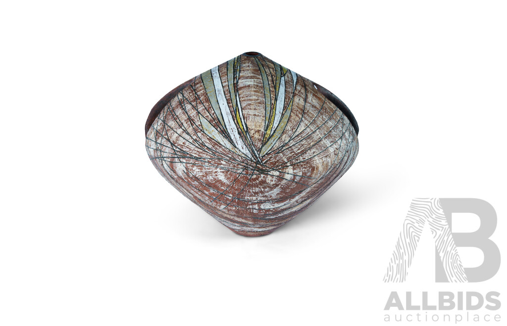 Terracotta Ovoid Sculpture Painted and Incised Modernist Decoration, C.1960s and Possibly Italian