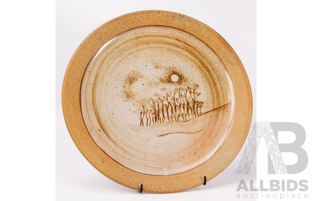 Large Stoneware Charger Brushed Iron and Ash Landscape Design to Centre.