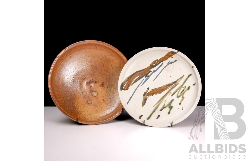 Buff Stoneware Shallow Dish Cream with Brushed Coloured Glaze in Japanese Manner. Together with Stoneware Salt-glaze Bowl, Sea-shell Flashing to Centre.