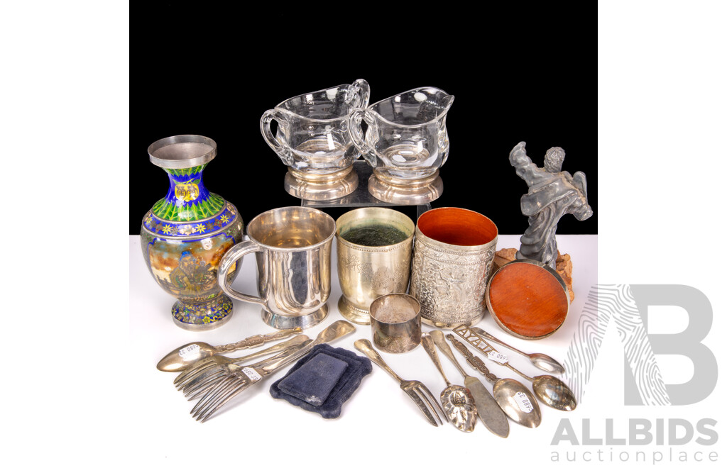 Qty Mixed Silver and Plate Including HMSS Frame; Serviette Ring; Spoons and Fork; Chinese Silver and Enamelled Vase (damaged) and More