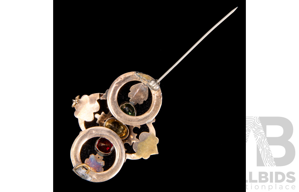 Ornate Rolled Gold Brooch with Coloured Stones and Etched Pattern