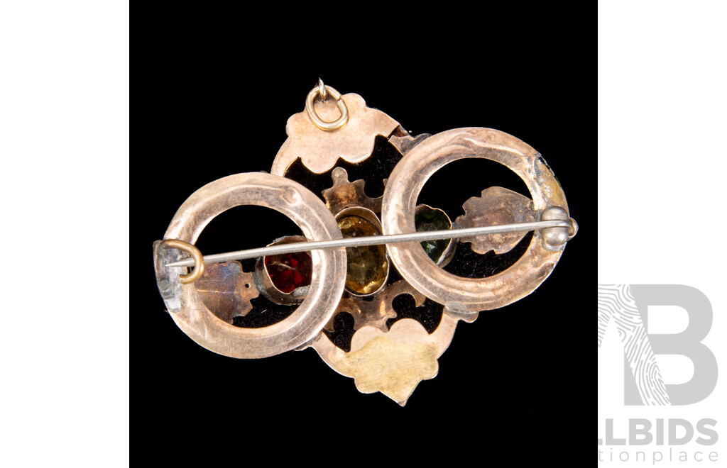 Ornate Rolled Gold Brooch with Coloured Stones and Etched Pattern