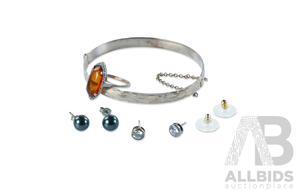 Various Silver Jewellery Including Hinged Bangle with Hallmark and Patent Number; Two Pairs Stud Earrings -  One Pearl, the Other with Cubic Zirconia; and Ring with Pseudo Amber