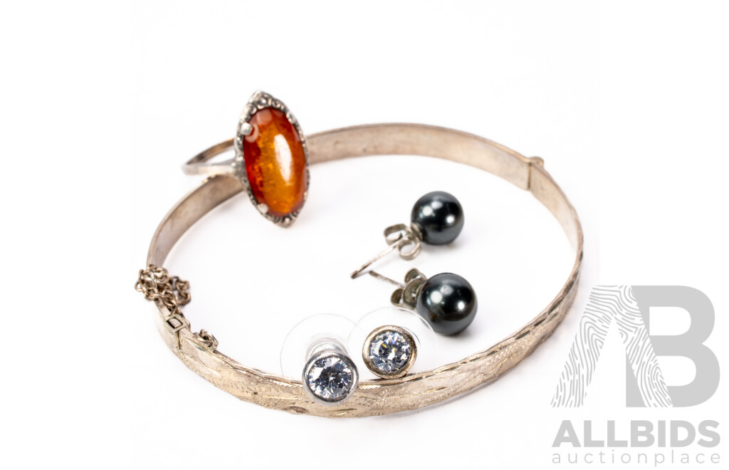 Various Silver Jewellery Including Hinged Bangle with Hallmark and Patent Number; Two Pairs Stud Earrings - One Pearl, the Other with Cubic Zirconia; and Ring with Pseudo Amber