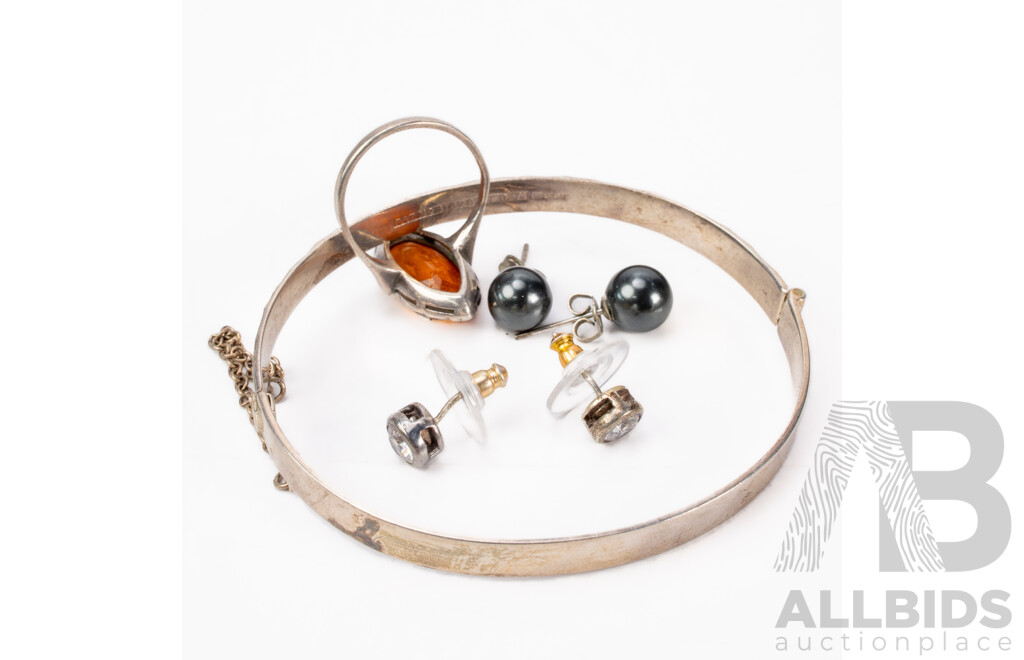 Various Silver Jewellery Including Hinged Bangle with Hallmark and Patent Number; Two Pairs Stud Earrings - One Pearl, the Other with Cubic Zirconia; and Ring with Pseudo Amber