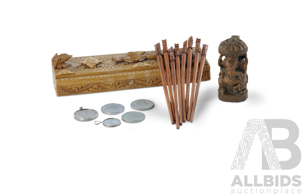 Various Coins and Other Items Includes 3 UK Five Pound Coins; 1981 Charles and Diana Coin Pendant; 1964 South Africa Coin Pendant, Boxed Set of Chopsticks, Carved Votive Figure of Ganesha (H10cm)