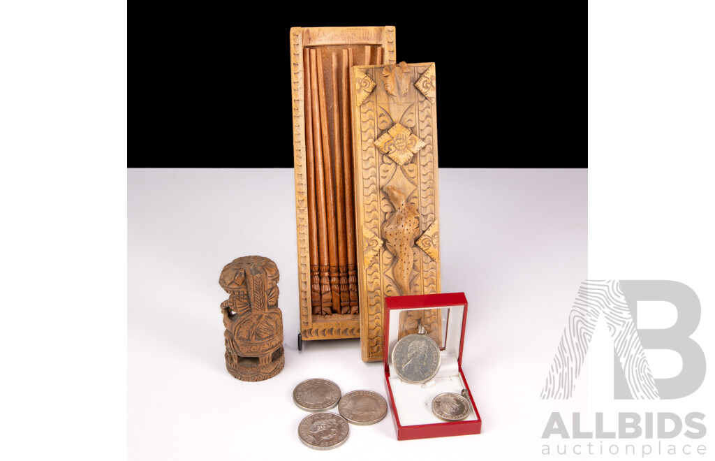 Various Coins and Other Items Includes 3 UK Five Pound Coins; 1981 Charles and Diana Coin Pendant; 1964 South Africa Coin Pendant, Boxed Set of Chopsticks, Carved Votive Figure of Ganesha (H10cm)