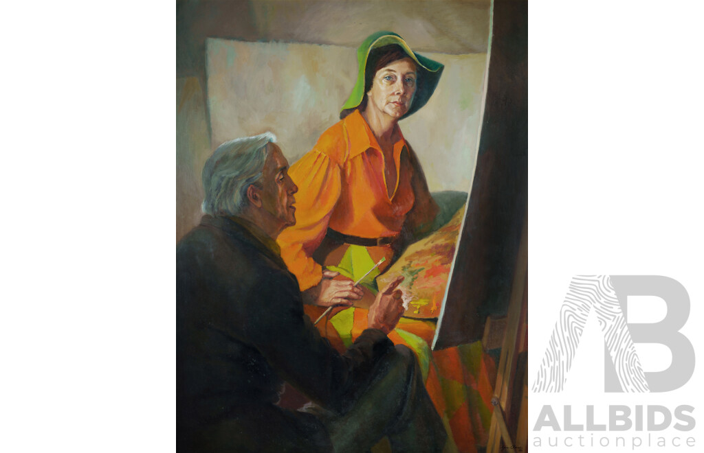 Yve Close, (20th Century, Australian, 1930-2023), Double Self Portrait of Yves Close with Joshua Smith (1980), Oil on Board, 150 x 121 cm