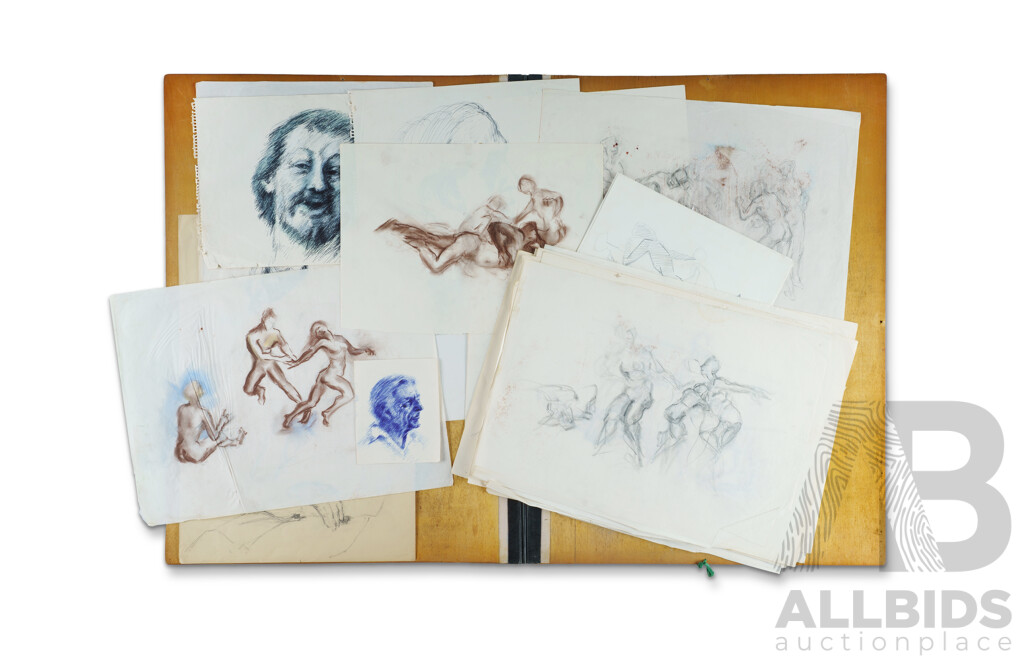 Joshua Smith, (20th Century, Australian, 1905-1995),  Portfolio and Teaching Aids in Wooden Folio Containing Numerous Drawings From the Studio of Joshua Smith, 77 x 57 cm (portfolio dimensions)