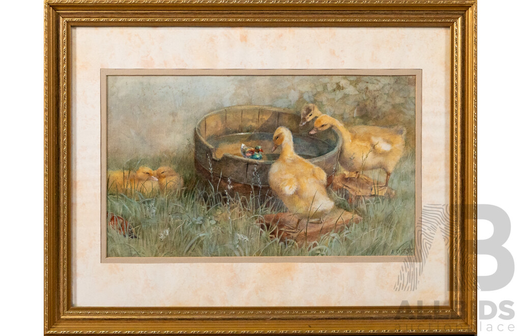 A. West, (20th Century), Five Ducklings, Wooden Tub & Toy Duck, Sweet Vintage Watercolour, 34 x 44 cm (frame)