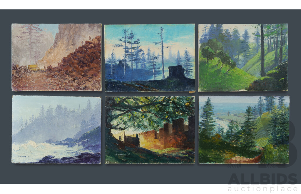 WAITE, Allan (1924-2010) (6) 'Evening, Norfolk', 'The Stables, Norfolk', 'The Quarry, Norfolk', 'Norfolk', 'Norfolk from Bloody Bridge', and 'Music Valley, Norfolk'. Oil on Canvas Board (6) 