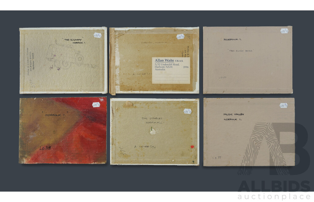 WAITE, Allan (1924-2010) (6) 'Evening, Norfolk', 'The Stables, Norfolk', 'The Quarry, Norfolk', 'Norfolk', 'Norfolk from Bloody Bridge', and 'Music Valley, Norfolk'. Oil on Canvas Board (6) 