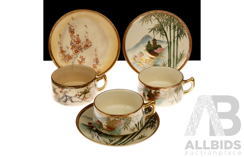 Collection Three Antique Japanese Satsuma Porcelain Tea Duos with Detailed Hand Painted Scenes