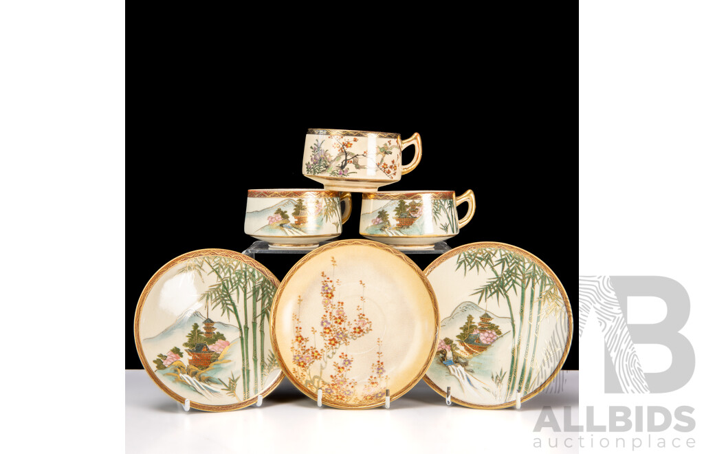 Collection Three Antique Japanese Satsuma Porcelain Tea Duos with Detailed Hand Painted Scenes