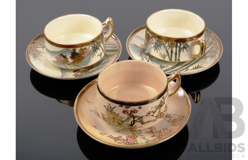 Collection Three Antique Japanese Satsuma Porcelain Tea Duos with Detailed Hand Painted Scenes