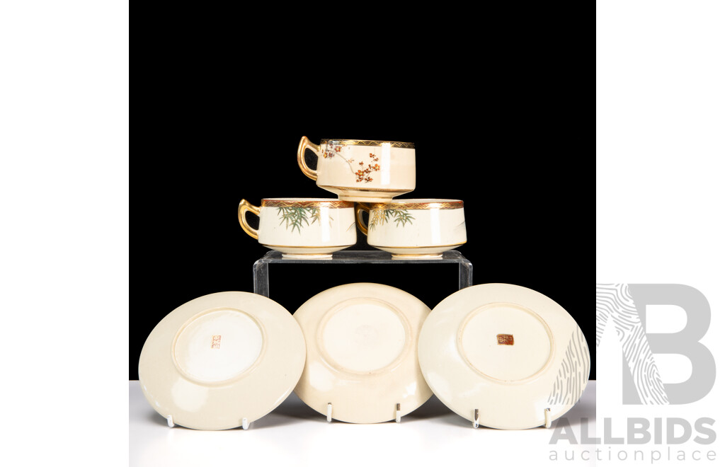 Collection Three Antique Japanese Satsuma Porcelain Tea Duos with Detailed Hand Painted Scenes