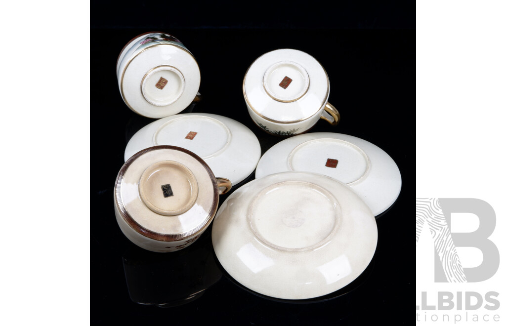 Collection Three Antique Japanese Satsuma Porcelain Tea Duos with Detailed Hand Painted Scenes