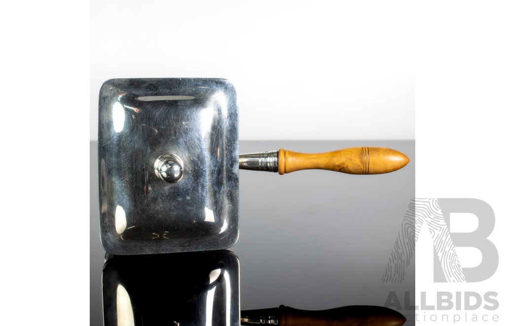 Antique English Asprey London Sterling Silver Minaiture Warming Dish with Turned Box Wood Handle, Birmingham 1939, Weight Including Handle 187 GM