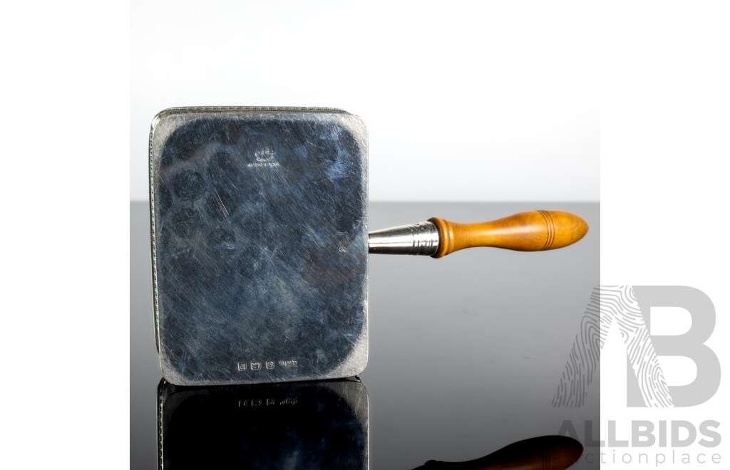 Antique English Asprey London Sterling Silver Minaiture Warming Dish with Turned Box Wood Handle, Birmingham 1939, Weight Including Handle 187 GM