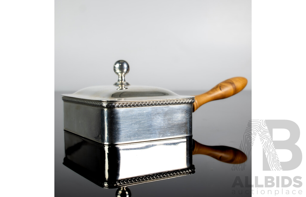 Antique English Asprey London Sterling Silver Minaiture Warming Dish with Turned Box Wood Handle, Birmingham 1939, Weight Including Handle 187 GM