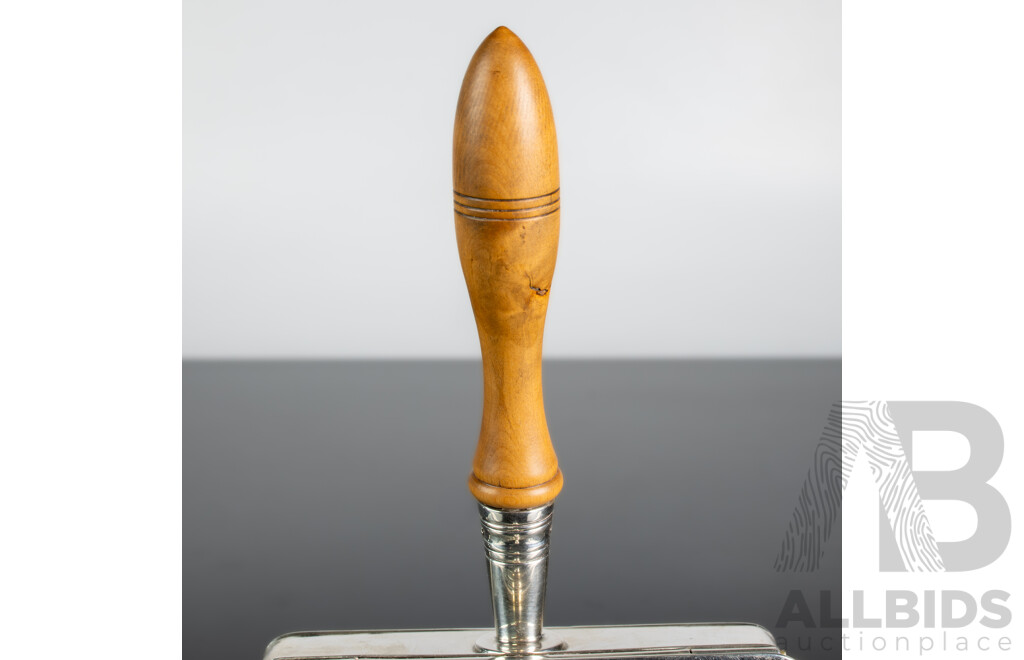 Antique English Asprey London Sterling Silver Minaiture Warming Dish with Turned Box Wood Handle, Birmingham 1939, Weight Including Handle 187 GM